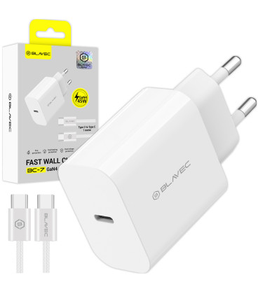 Baltas 1xUSB-C PD QC 45W GaN4 pakrovėjas + 100cm USB-C - USB-C laidas "Blavec Wall Charger BC-7"