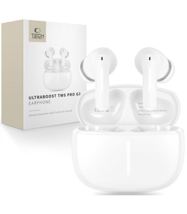 Baltos belaidės ausinės "Tech-Protect Ultraboost TWS Earphones Pro G3"