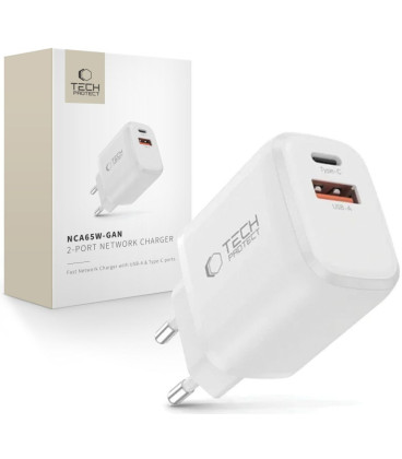 Baltas 1xUSB-A + 1xUSB-C PD65W / QC3.0 pakrovėjas "Tech-Protect NCA65W-GAN 2-Port"