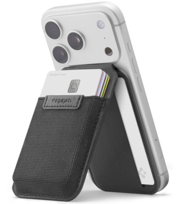 Juodas kortelių dėklas - stovas "Spigen S314-4 Slim Fold Tripod Wallet Magsafe"