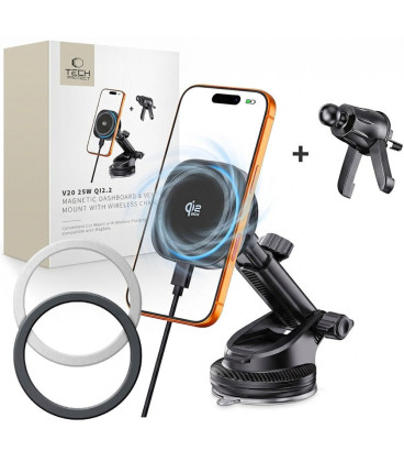 Juodas magnetinis automobilinis telefono laikiklis su 25W QI2.2 krovimu "Tech-Protect V20 ArcticBoost Magsafe Vent & Dash"
