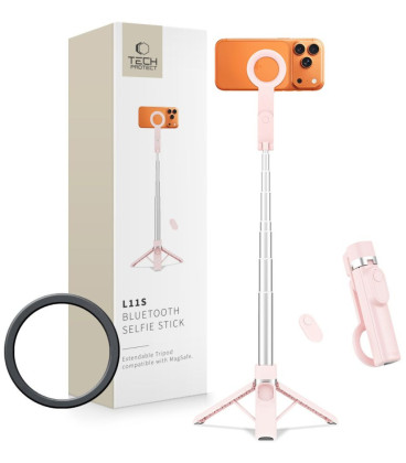Rožinė selfie - asmenukių lazka - trikojis "Tech-Protect L11S Magsafe Bluetooth Selfie Stick Tripod"