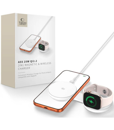 Baltas belaidis 25W Qi2.2 pakrovėjas "Tech-Protect A55 2in1 Magnetic Magsafe"