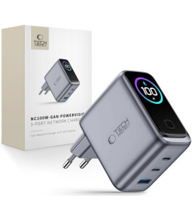Pilkas 1xUSB-A + 2xUSB-C PD100W / QC3.0 pakrovėjas "Tech-Protect PowerVision NC100W-GaN 3-Port"