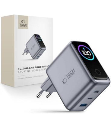 Pilkas 1xUSB-A + 2xUSB-C PD100W / QC3.0 pakrovėjas "Tech-Protect PowerVision NC100W-GaN 3-Port"