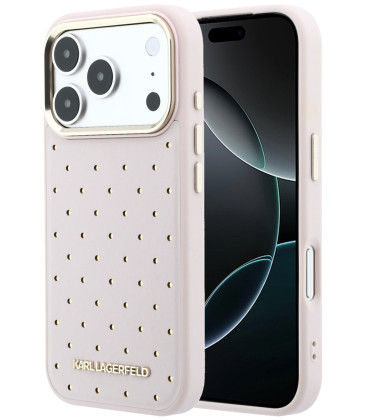 Rožinis dėklas Apple iPhone 17 Pro Max telefonui "Karl Lagerfeld PU Perforated Gold Dots MagSafe Case"