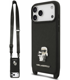 Juodas dėklas Apple iPhone 18 Pro Max telefonui "Karl Lagerfeld Saffiano Crossbody Strap Karl and Choupette Case"