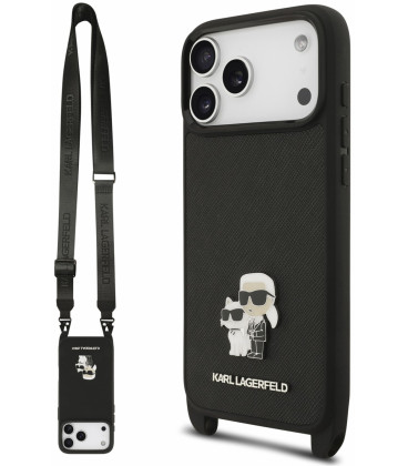 Juodas dėklas Apple iPhone 18 Pro Max telefonui "Karl Lagerfeld Saffiano Crossbody Strap Karl and Choupette Case"