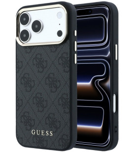 Juodas dėklas Apple iPhone 18 Pro Max telefonui "Guess PU Leather 4G Gold Frame MagSafe Case"