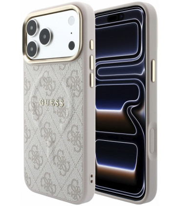 Rožinis dėklas Apple iPhone 18 Pro Max telefonui "Guess PU Leather 4G Gold Frame Embossed MagSafe Case"