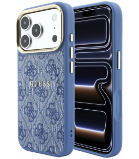 Mėlynas dėklas Apple iPhone 18 Pro Max telefonui "Guess PU Leather 4G Gold Frame Embossed MagSafe Case"