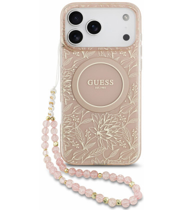 Rožinis dėklas Apple iPhone 18 Pro Max telefonui "Guess IML Flowers Allover Strap MagSafe Case"