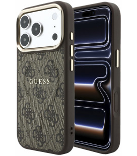 Rudas dėklas Apple iPhone 18 Pro Max telefonui "Guess PU Leather 4G Gold Frame Embossed MagSafe Case"