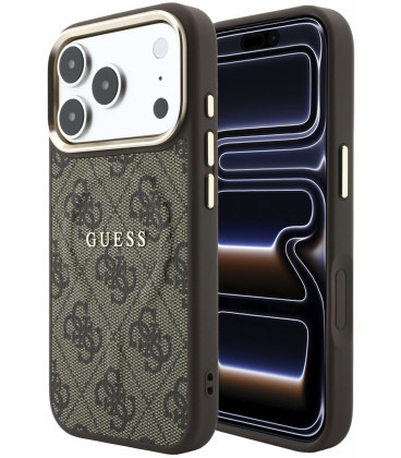 Rudas dėklas Apple iPhone 18 Pro Max telefonui "Guess PU Leather 4G Gold Frame Embossed MagSafe Case"
