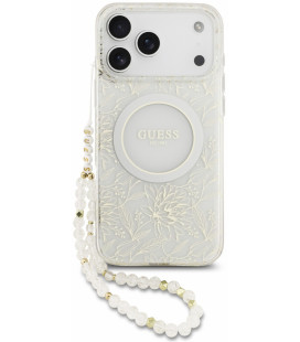 Baltas dėklas Apple iPhone 18 Pro Max telefonui "Guess IML Flowers Allover Strap MagSafe Case"