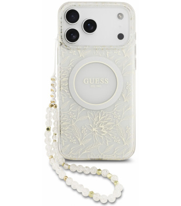 Baltas dėklas Apple iPhone 18 Pro Max telefonui "Guess IML Flowers Allover Strap MagSafe Case"