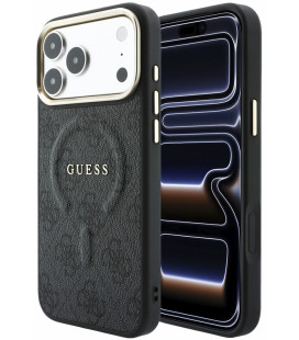 Juodas dėklas Apple iPhone 18 Pro Max telefonui "Guess PU Leather 4G Gold Frame Embossed MagSafe Case"