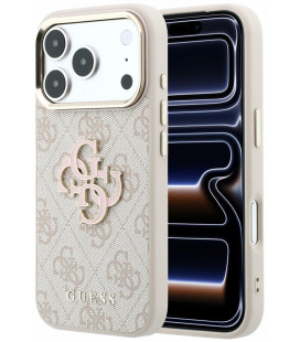 Rožinis dėklas Apple iPhone 18 Pro Max telefonui "Guess PU 4G Resin Metal Logo Case"