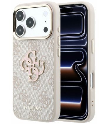 Rožinis dėklas Apple iPhone 18 Pro Max telefonui "Guess PU 4G Resin Metal Logo Case"