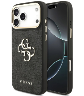 Juodas dėklas Apple iPhone 18 Pro Max telefonui "Guess PU Leather 4G Metal Logo Gold Frame Case"