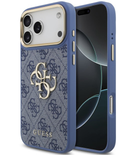 Mėlynas dėklas Apple iPhone 18 Pro Max telefonui "Guess PU Leather 4G Metal Logo Gold Frame Case"