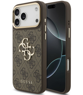 Rudas dėklas Apple iPhone 18 Pro Max telefonui "Guess PU Leather 4G Metal Logo Gold Frame Case"