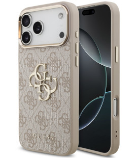 Rožinis dėklas Apple iPhone 18 Pro Max telefonui "Guess PU Leather 4G Metal Logo Gold Frame Case"