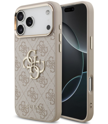 Rožinis dėklas Apple iPhone 18 Pro Max telefonui "Guess PU Leather 4G Metal Logo Gold Frame Case"