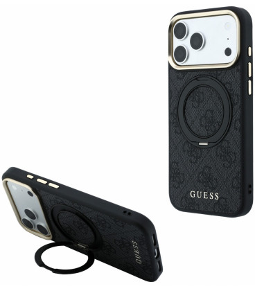 Juodas dėklas Apple iPhone 18 Pro Max telefonui "Guess PU 4G Ring Stand MagSafe Case"