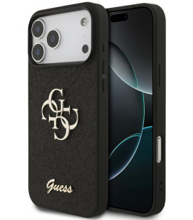 Juodas dėklas Apple iPhone 18 Pro Max telefonui "Guess PU Fixed Glitter 4G Metal Logo Case"