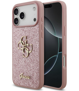 Rožinis dėklas Apple iPhone 18 Pro Max telefonui "Guess PU Fixed Glitter 4G Metal Logo Case"