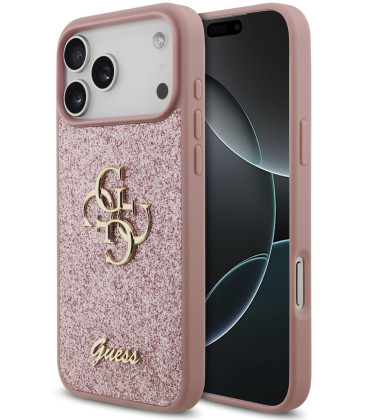 Rožinis dėklas Apple iPhone 18 Pro Max telefonui "Guess PU Fixed Glitter 4G Metal Logo Case"