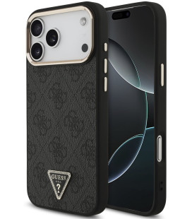 Juodas dėklas Apple iPhone 18 Pro Max telefonui "Guess PU Leather 4G Strass Triangle Logo Gold Frame MagSafe Case"
