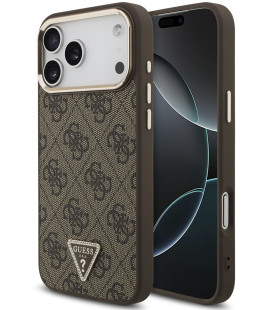 Rudas dėklas Apple iPhone 18 Pro Max telefonui "Guess PU Leather 4G Strass Triangle Logo Gold Frame MagSafe Case"