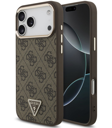 Rudas dėklas Apple iPhone 18 Pro Max telefonui "Guess PU Leather 4G Strass Triangle Logo Gold Frame MagSafe Case"