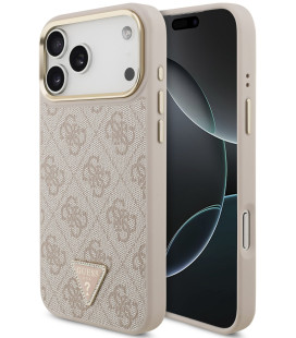 Rožinis dėklas Apple iPhone 18 Pro Max telefonui "Guess PU Leather 4G Strass Triangle Logo Gold Frame MagSafe Case"