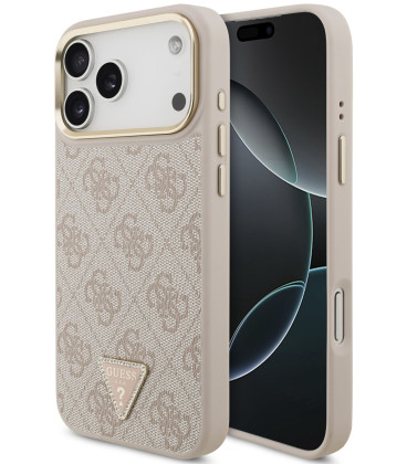 Rožinis dėklas Apple iPhone 18 Pro Max telefonui "Guess PU Leather 4G Strass Triangle Logo Gold Frame MagSafe Case"