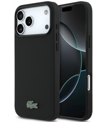 Juodas dėklas Apple iPhone 18 Pro Max telefonui "Lacoste PVC Iconic Petit Pique Metal Logo MagSafe Case"