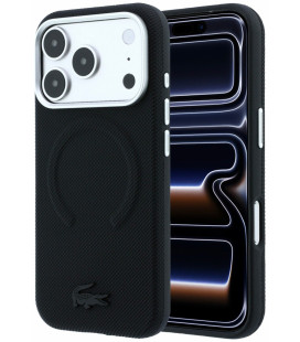 Juodas dėklas Apple iPhone 18 Pro Max telefonui "Lacoste PVC Petit Pique Semi Wrap Embossed MagSafe Case"