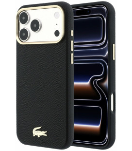 Juodas dėklas Apple iPhone 18 Pro Max telefonui "Lacoste PU Leather Champs Elysees Gold Logo MagSafe Case"