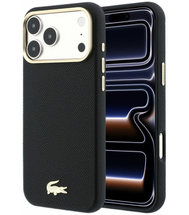 Juodas dėklas Apple iPhone 18 Pro Max telefonui "Lacoste PU Leather Champs Elysees Gold Logo MagSafe Case"