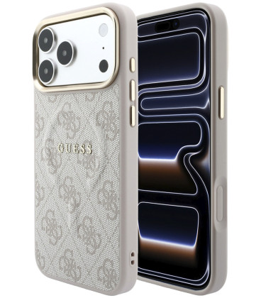 Rožinis dėklas Apple iPhone 18 Pro telefonui "Guess PU Leather 4G Gold Frame Embossed MagSafe Case"