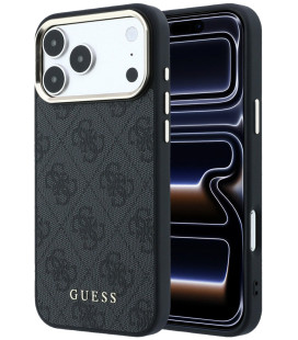 Juodas dėklas Apple iPhone 18 Pro telefonui "Guess PU Leather 4G Gold Frame MagSafe Case"