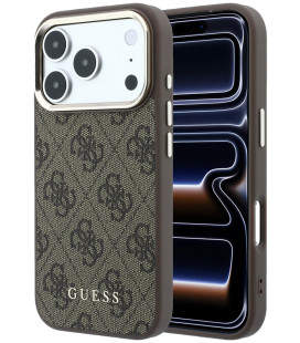 Rudas dėklas Apple iPhone 18 Pro telefonui "Guess PU Leather 4G Gold Frame MagSafe Case"