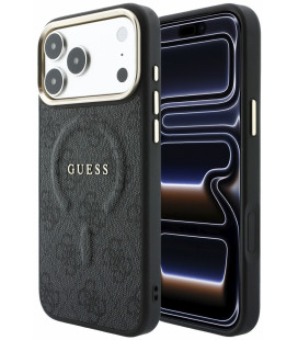 Juodas dėklas Apple iPhone 18 Pro telefonui "Guess PU Leather 4G Gold Frame Embossed MagSafe Case"