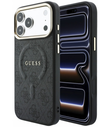 Juodas dėklas Apple iPhone 18 Pro telefonui "Guess PU Leather 4G Gold Frame Embossed MagSafe Case"