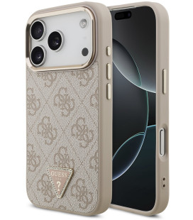 Rožinis dėklas Apple iPhone 18 Pro telefonui "Guess PU Leather 4G Strass Triangle Logo Gold Frame MagSafe Case"