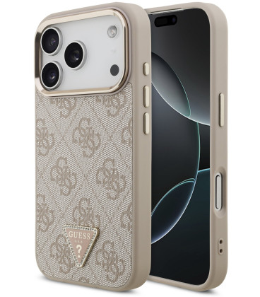 Rožinis dėklas Apple iPhone 18 Pro telefonui "Guess PU Leather 4G Strass Triangle Logo Gold Frame MagSafe Case"