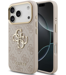 Rožinis dėklas Apple iPhone 18 Pro telefonui "Guess PU Leather 4G Metal Logo Gold Frame Case"