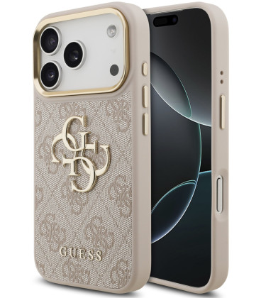 Rožinis dėklas Apple iPhone 18 Pro telefonui "Guess PU Leather 4G Metal Logo Gold Frame Case"